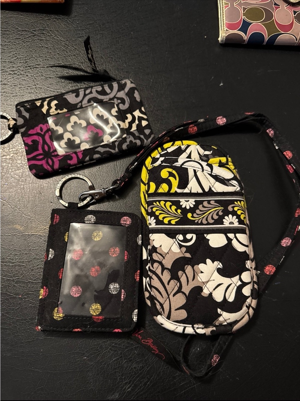 Vera Bradley Black Multi Floral Wristlet Set with Polka Dot ID Sleeve